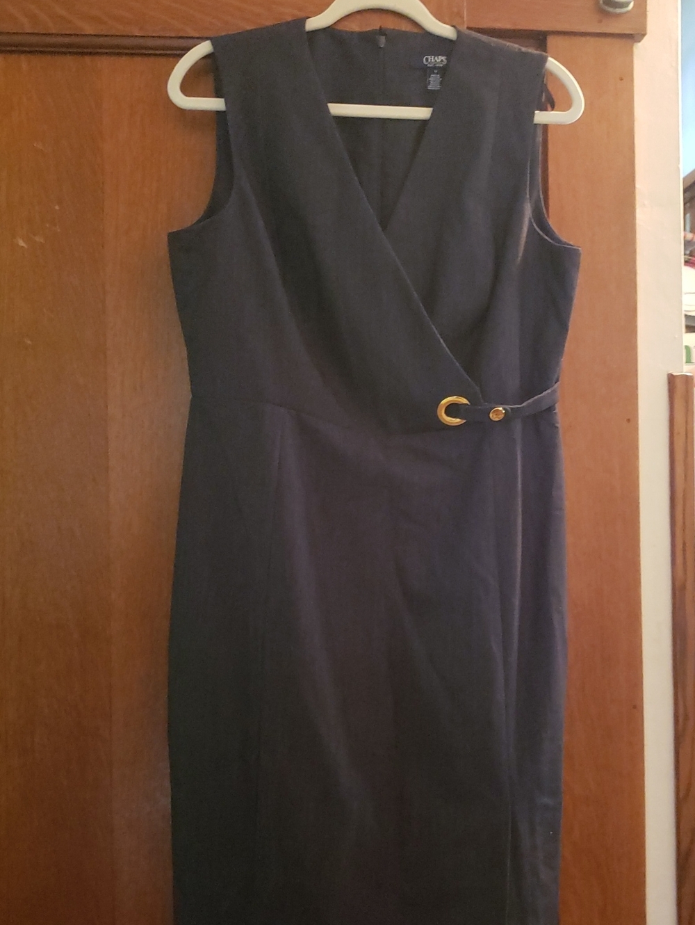 Chaps Navy Sleeveless Wrap Midi Dress with Gold Accent